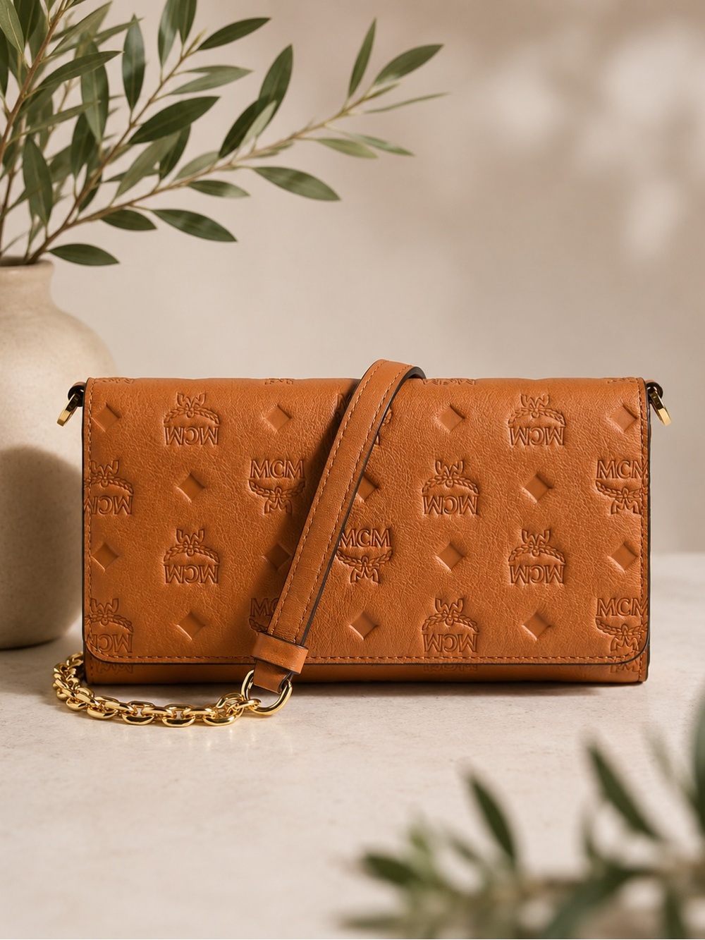 MCM Klara Cognac Embossed Leather Crossbody Wallet on Chain